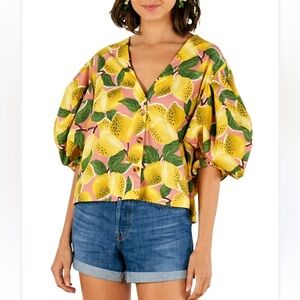 Farm Rio Fresh Lemons 100% Cotton Button Front Puff Sleeve Blouse